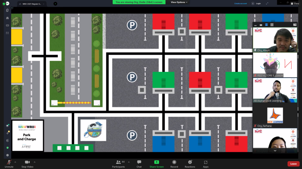 Zoom screenshot of NRC 2021 WRO “Park and Charge” simulation with participants and organizers in a virtual session.