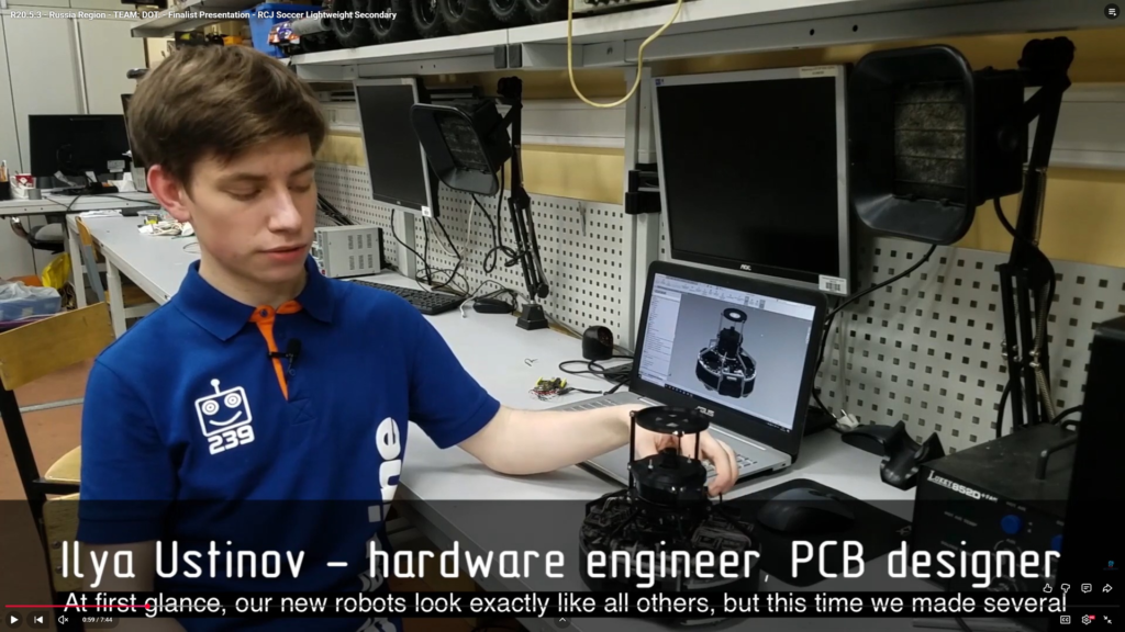 Ilya Ustinov from Team DOT (Russia) presenting robot hardware and CAD design during VRCAP 2020 RCJ Soccer Lightweight.