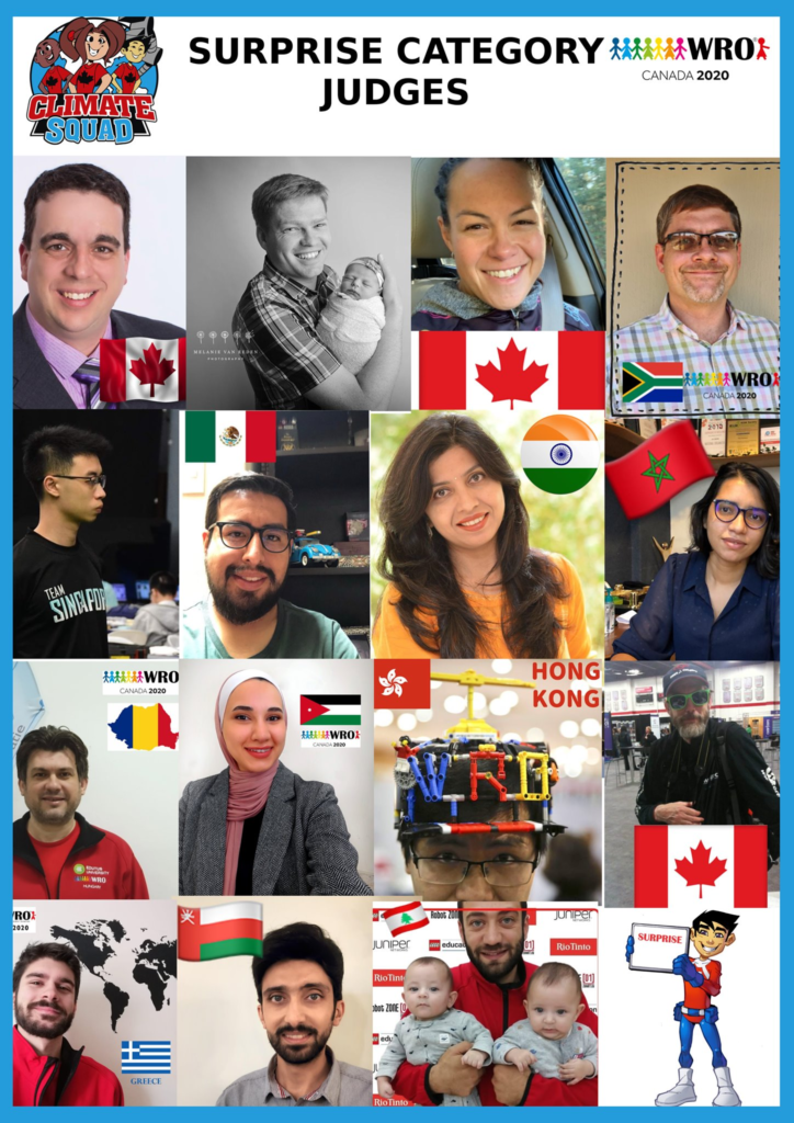 Collage of international judges for the Surprise Category at WRO 2020X, featuring portraits and national flags.
