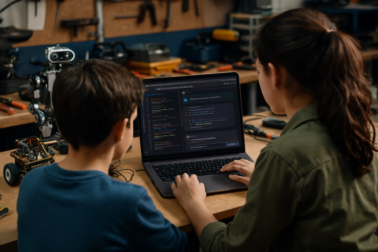 Photorealistic back‑view of two students at a wooden workbench in a bright robotics workshop, focused on a laptop showing code and an AI assistant panel, with robots, tools, a portfolio folder, and an explainability card visible.