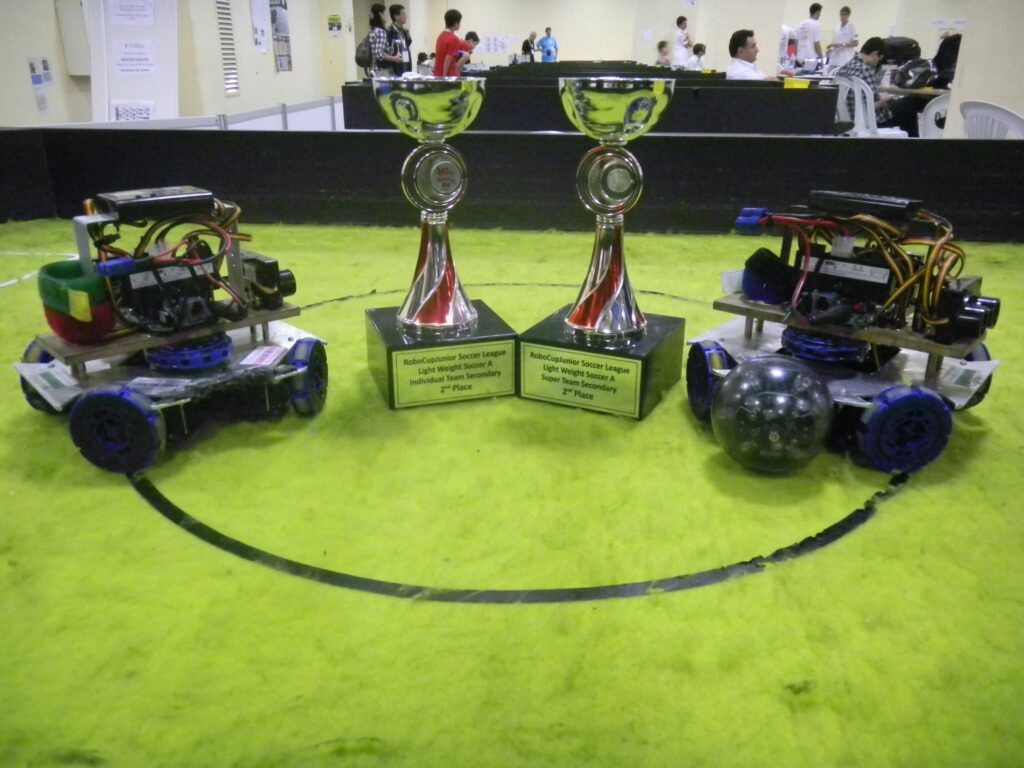 RI Infocomm Club robots and trophies – RCJ Soccer Lightweight Category A